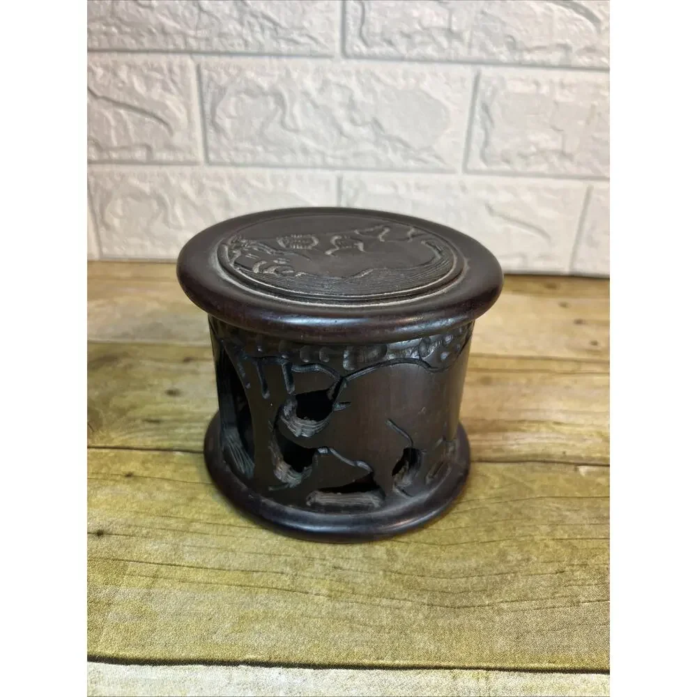 Hand Carved Wooden Africa 6 Coaster Set with Holder & Lid Beautiful Boho 4x5”
